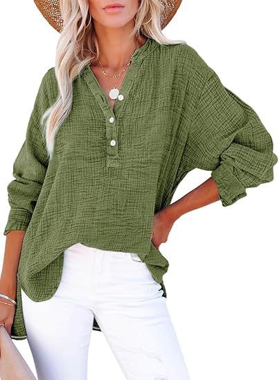 Women’s Long Sleeve Top – Relaxed Fit – Crinkled Cotton – Button Front Casual Style