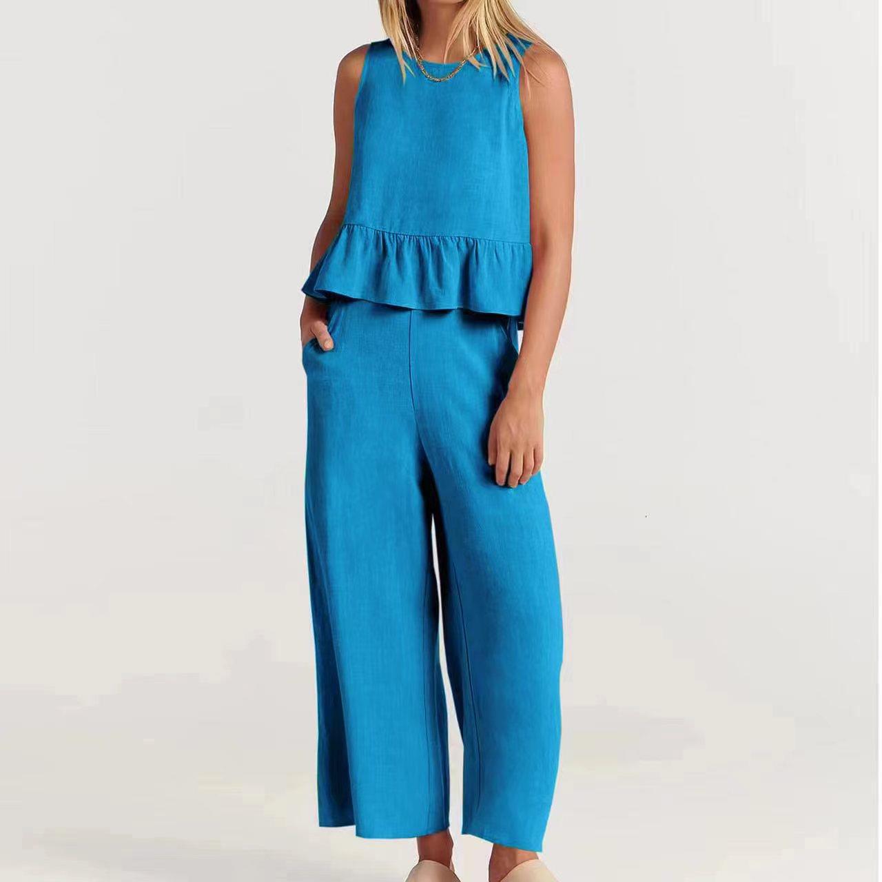 Women’s Two-Piece Set – Relaxed Fit – Sleeveless – Round Neck – Lightweight Cotton Blend
