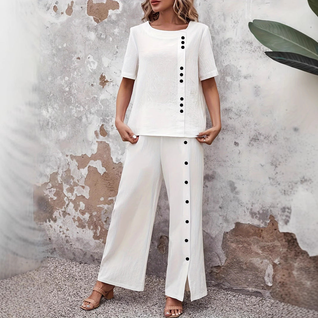 Women’s Two-Piece Set – Relaxed Fit – Wide Leg Pants – Button Detail – Cotton Blend