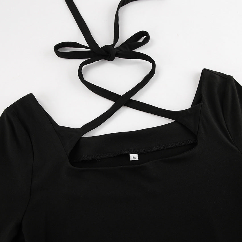 Women’s A-Line Dress – Slim Fit – Square Neck – Crisscross Strap – Long Sleeve