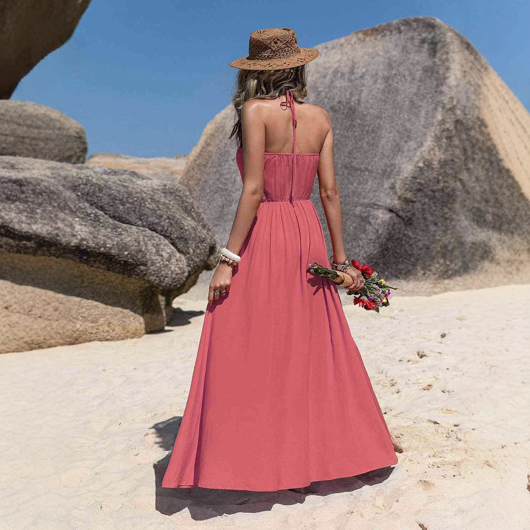 Women’s Maxi Dress – Lightweight Cotton – Halter Neck – Front Tie – Side Slit