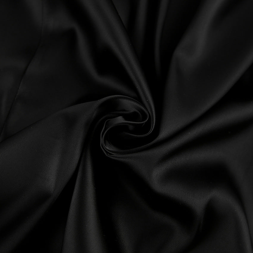 Women’s Satin Mini Dress – Form-Fitting – Stand Collar – Bell Sleeve – Slit Hem
