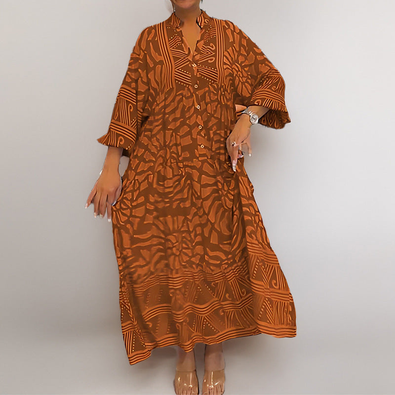 Women’s Midi Dress – Relaxed Fit – Cotton – Abstract Print – 3/4 Sleeve – Button Front