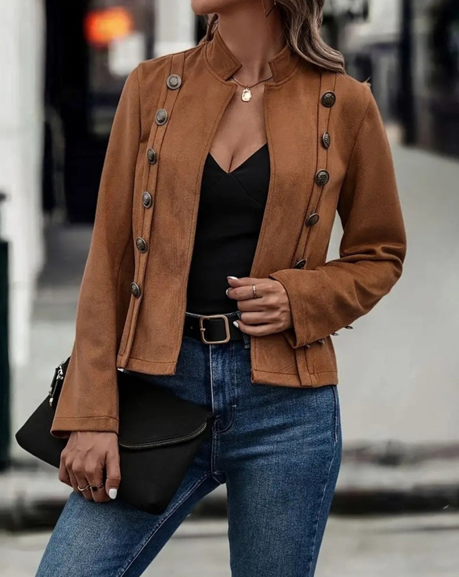 Women’s Tailored Jacket – Velvet Feel – Double-Breasted – Mandarin Collar – Hip Length