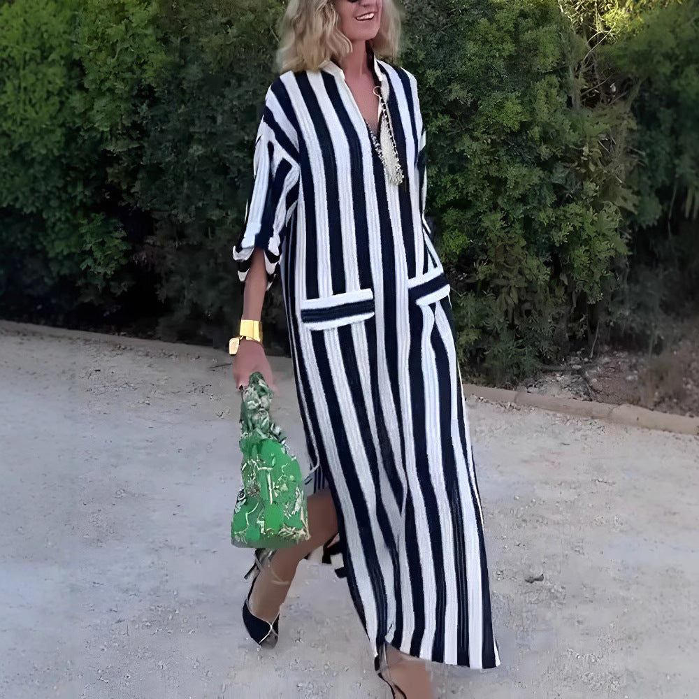 Women’s Maxi Dress – Relaxed Fit – Vertical Stripes – V-Neck – Breathable Blend