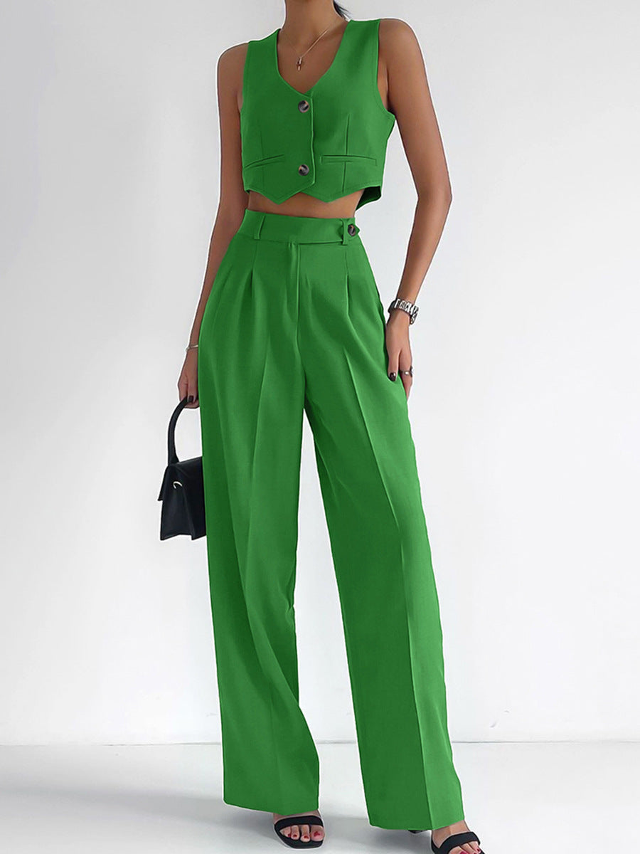 Women’s Two-Piece Set – Tailored Fit – V-Neck – Button Front – Structured Silhouette