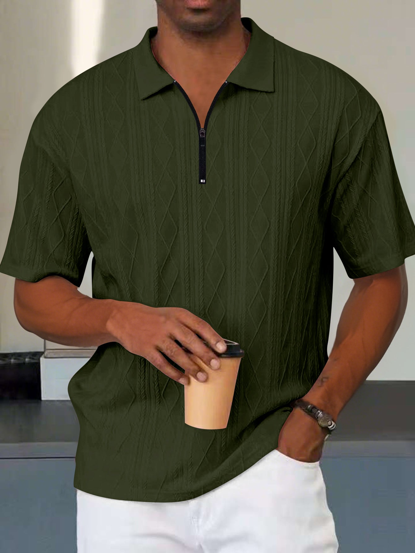 Men's Polo Shirt - Knit - Relaxed Fit - Zip Collar - Textured Cable Pattern