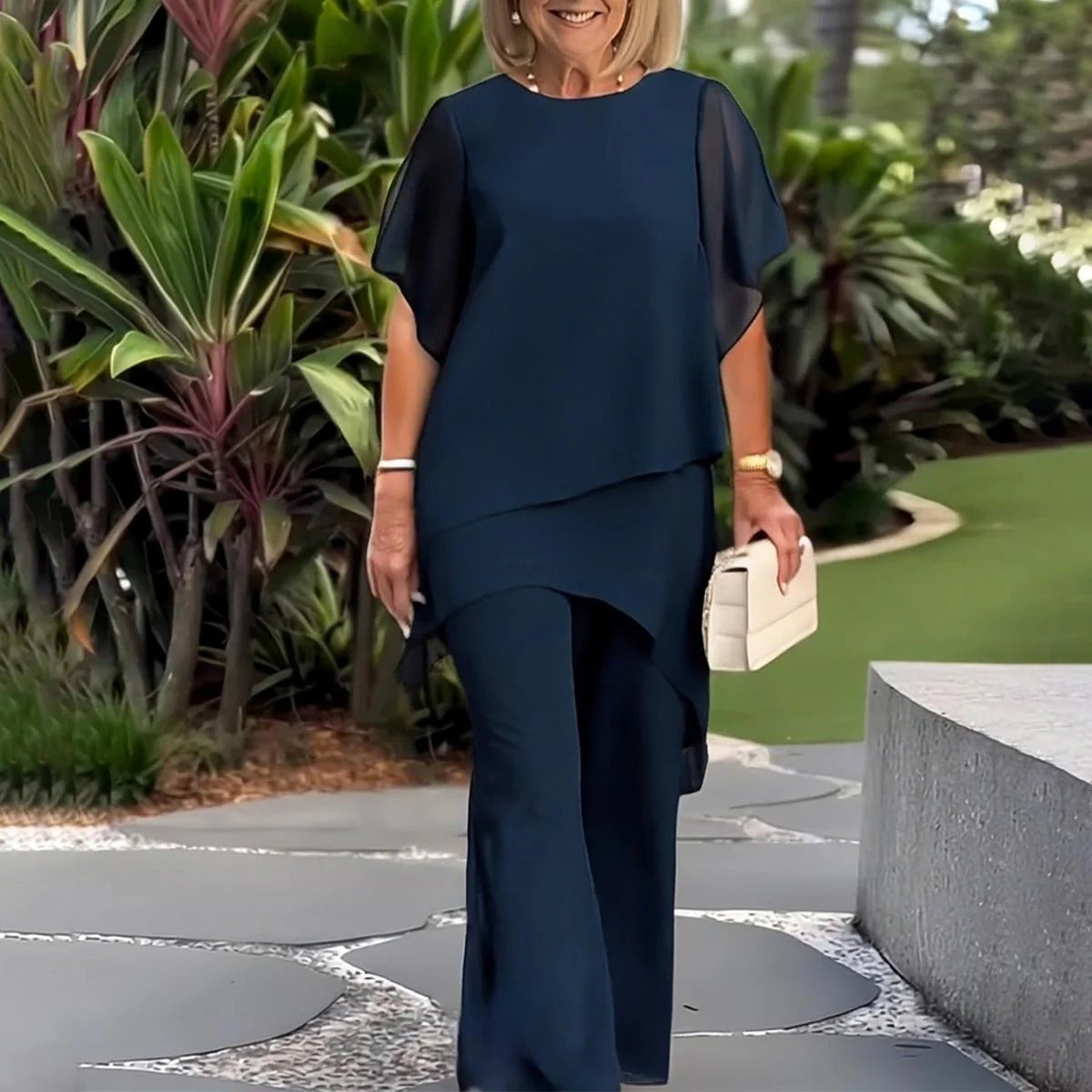 Women’s Two-Piece Set – Relaxed Fit – Sheer Sleeve Top – Asymmetrical Hem – Full-Length Pants