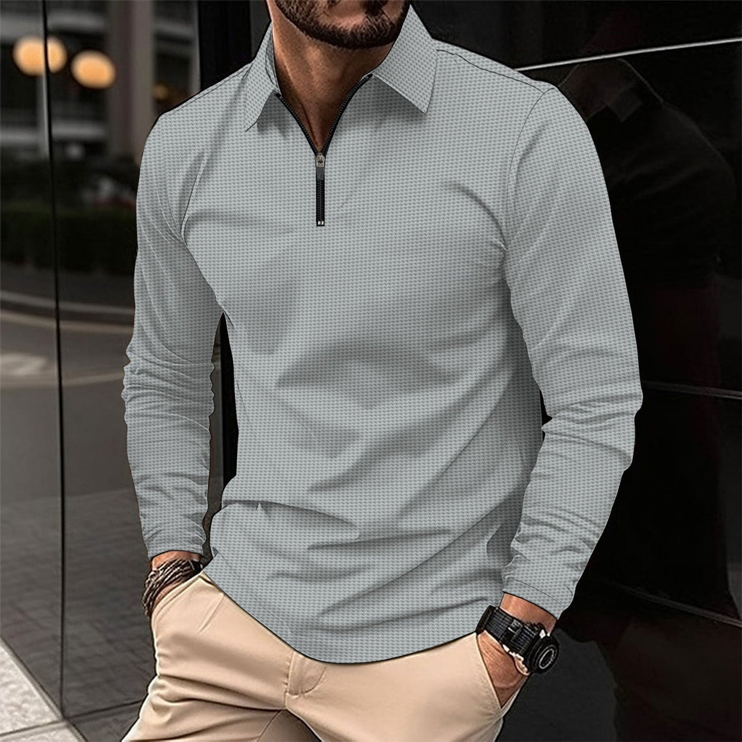 Men’s Long Sleeve Athletic Shirt – Slim Fit – Zip Collar – Stretch Fabric