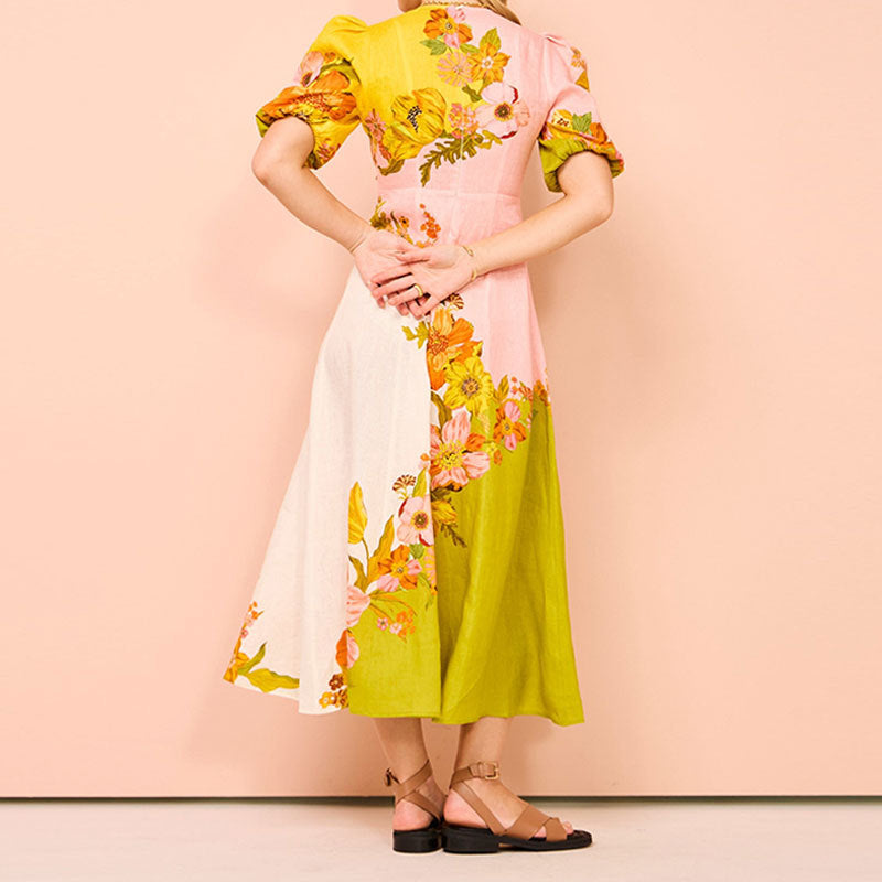 Women’s Midi Dress – Flared A-Line Fit – Puff Sleeve – Ethnic Floral Print – Lightweight