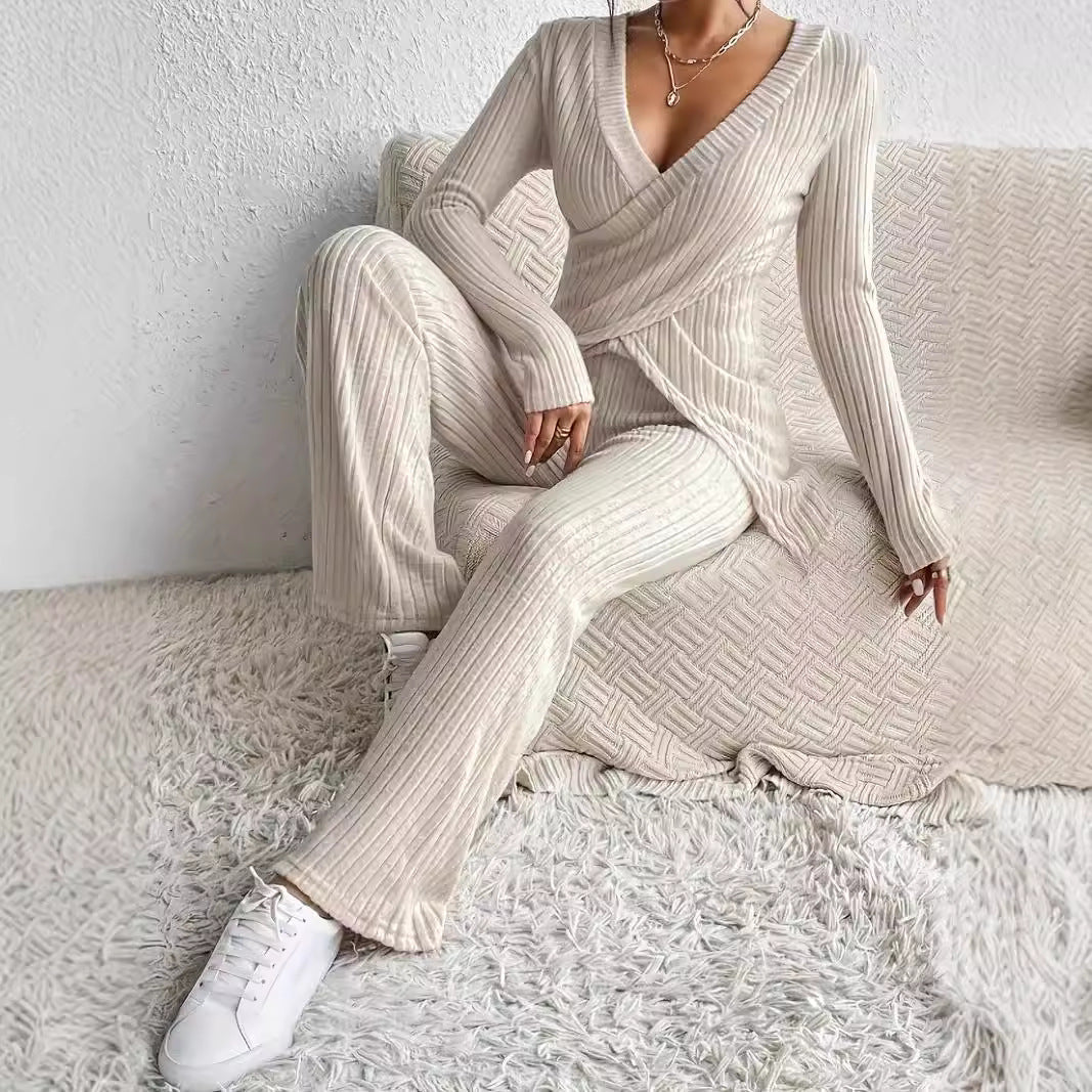 Women’s Two-Piece Set – Ribbed Knit – Wrap V-Neck Top – Relaxed Fit Pants