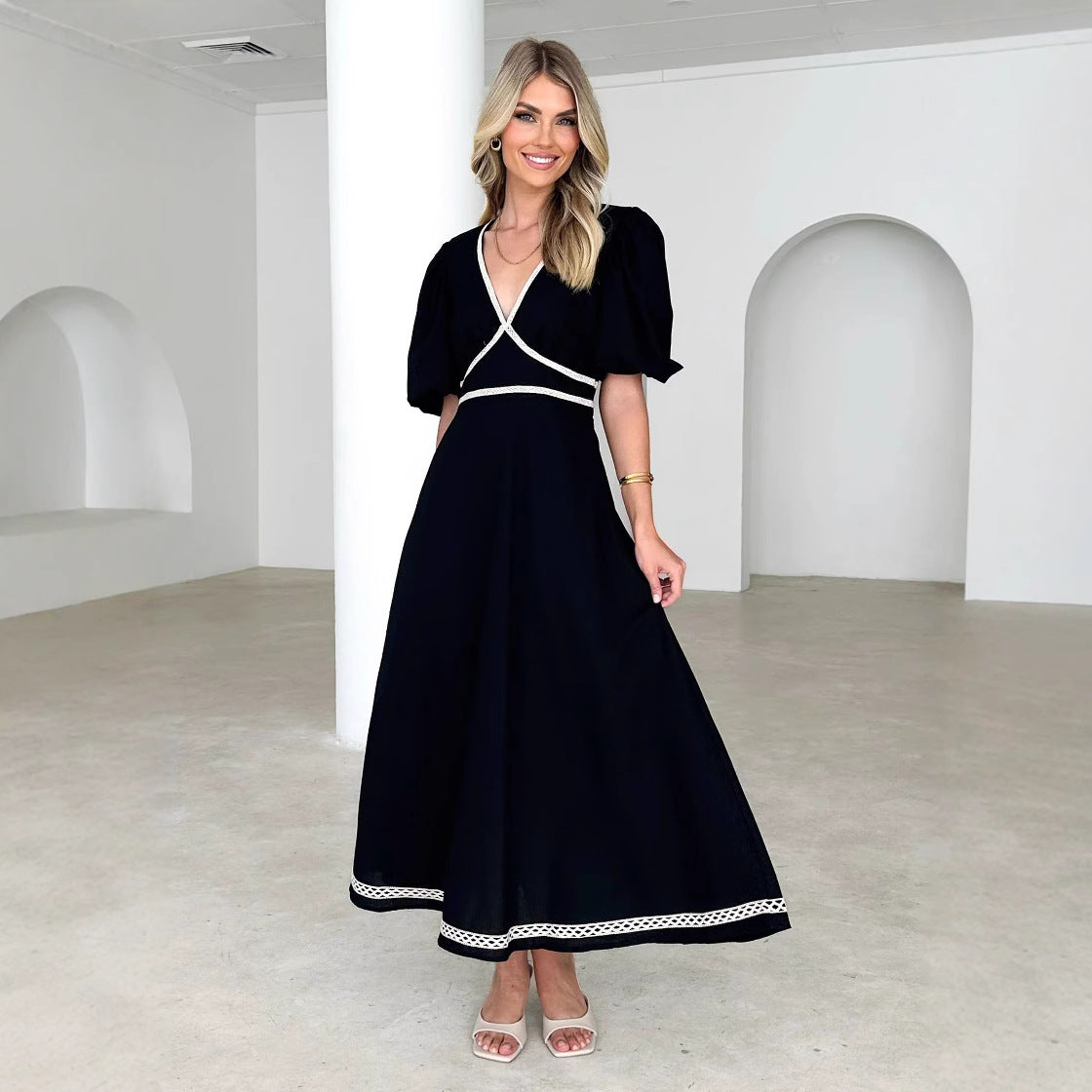 Women’s Long Dress – V-Neck Lace Trim – Puff Sleeve – Fitted Waist – Flowy Skirt