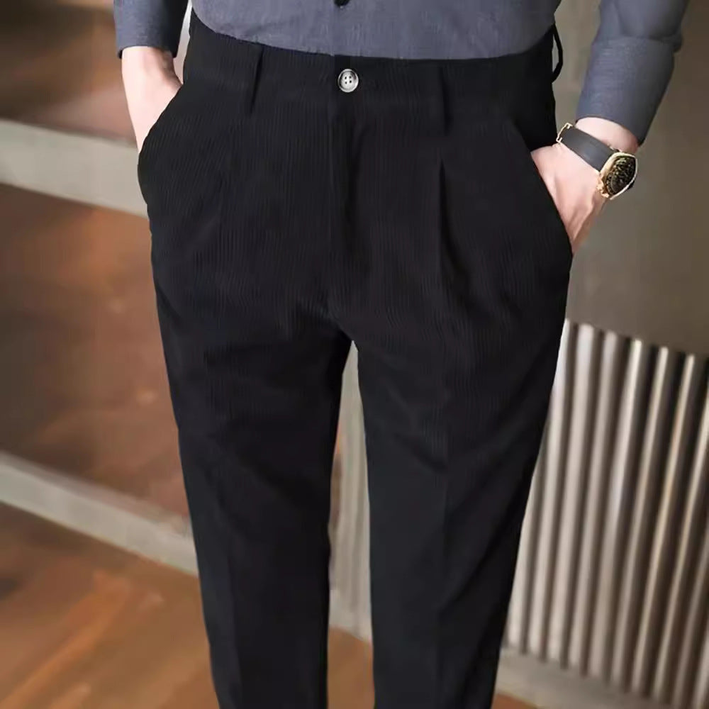 Men’s Corduroy Trousers – Slim Fit – Pleated Front – Full Length – Smart Casual