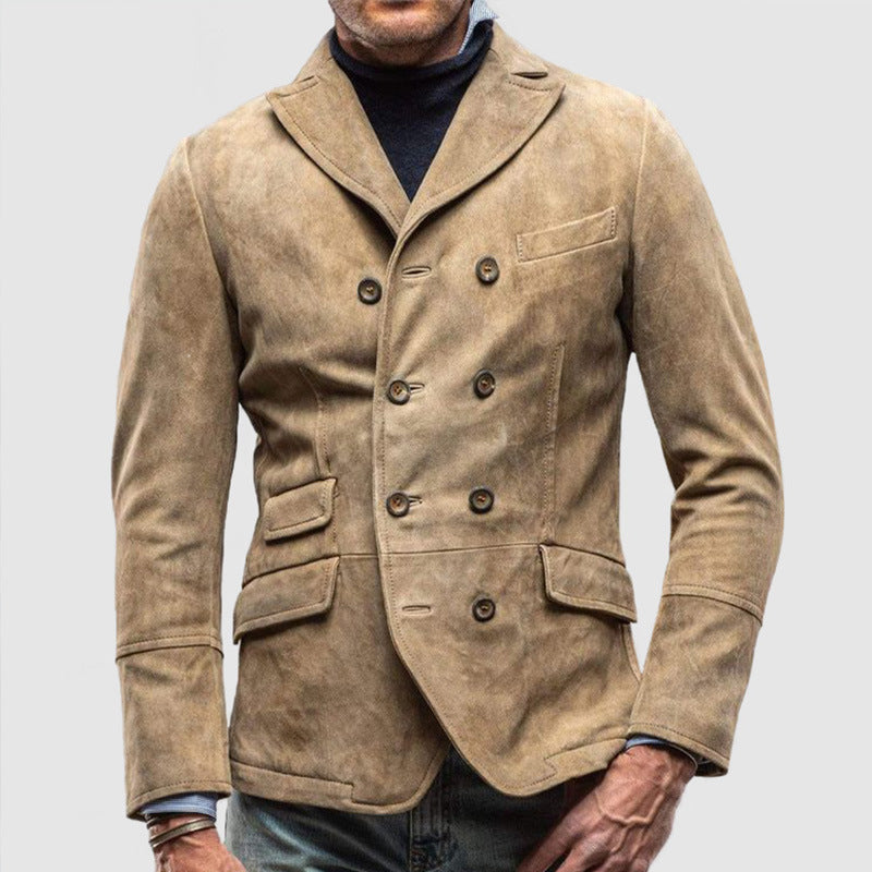 Men’s Double-Breasted Jacket – Tailored Fit – Lapel Collar – Luxury Fabric – Hip Length