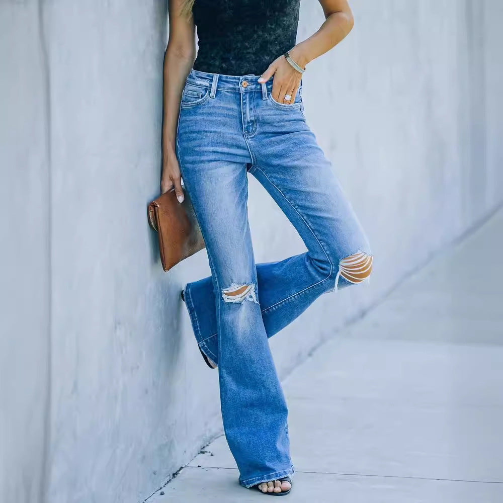Women’s Bootcut Jeans – High Waist – Distressed Knee – Flared Leg – Full Length Denim