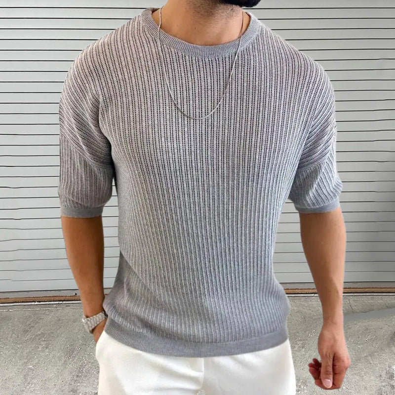 Men’s Knit Top – Slim Fit – Lightweight Ribbed Texture – Crew Neck Short Sleeve