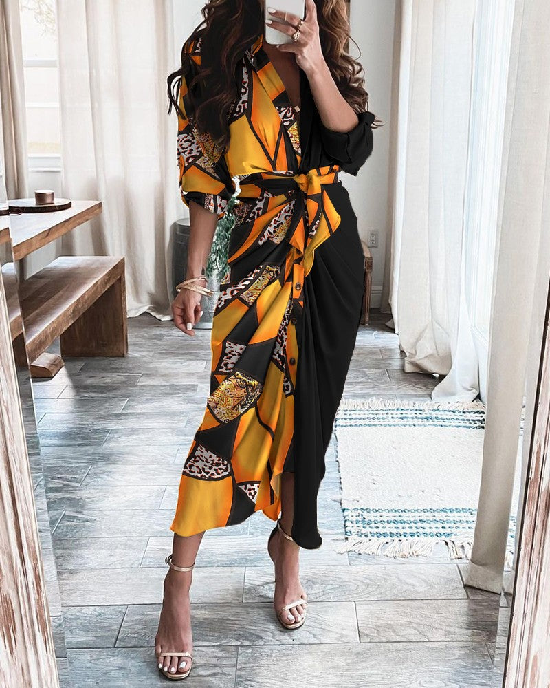 Women’s Maxi Dress – V-Neck – Button-Down – Tie Waist – Long Sleeve – Cotton
