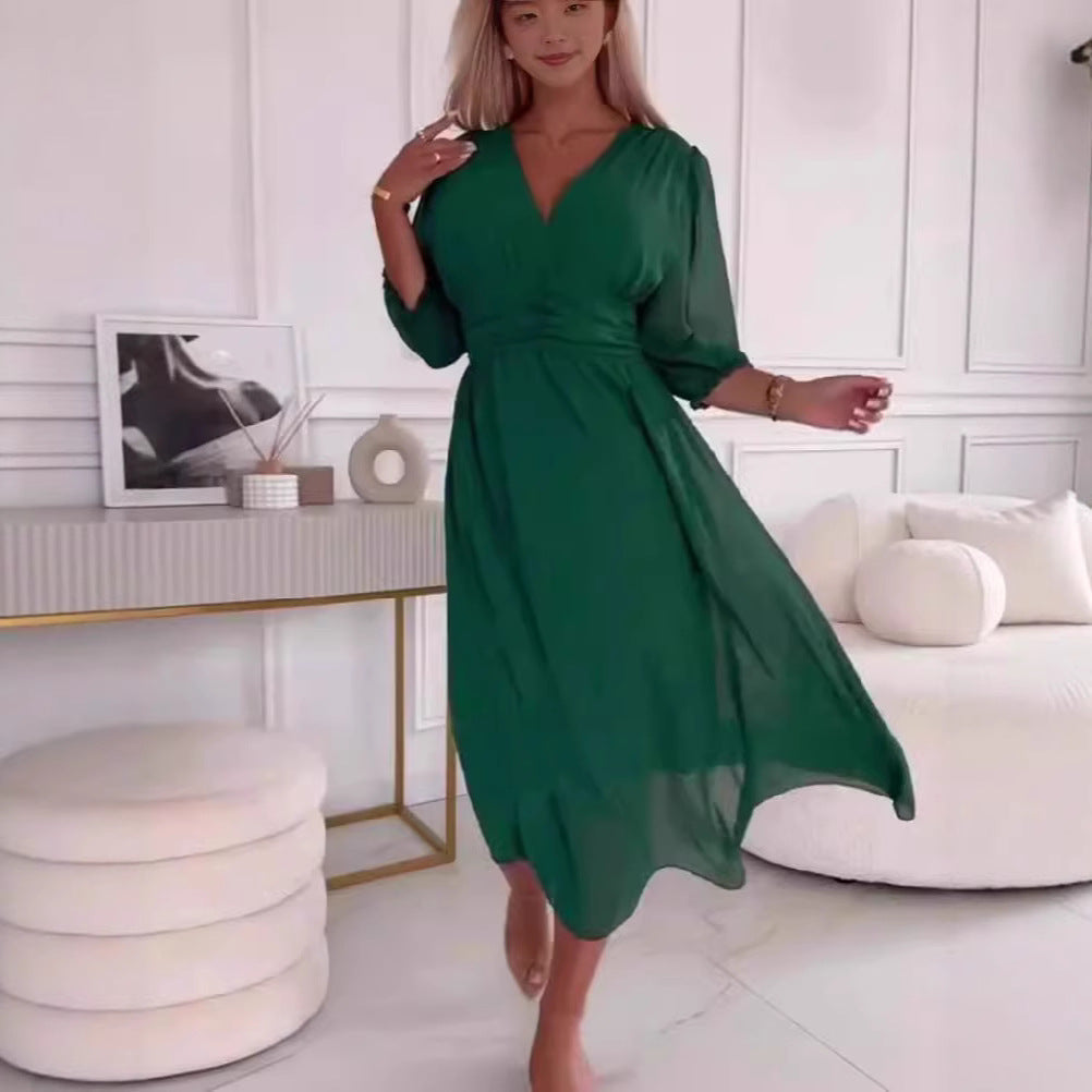 Women’s Maxi Dress – Empire Waist – Flowing Fit – V-Neck – Chiffon – 3/4 Sleeve
