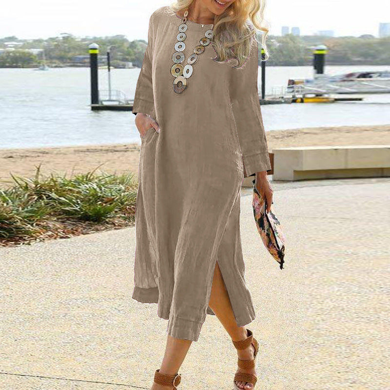 Women’s Shirt Dress – Relaxed Fit – Lightweight Woven – Long Sleeve – Midi Length