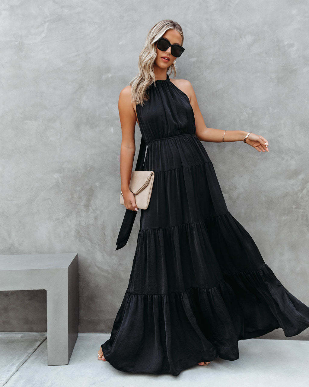 Women’s Halter Dress – Lightweight Fabric – Tiered Skirt – Full Length – Relaxed Fit