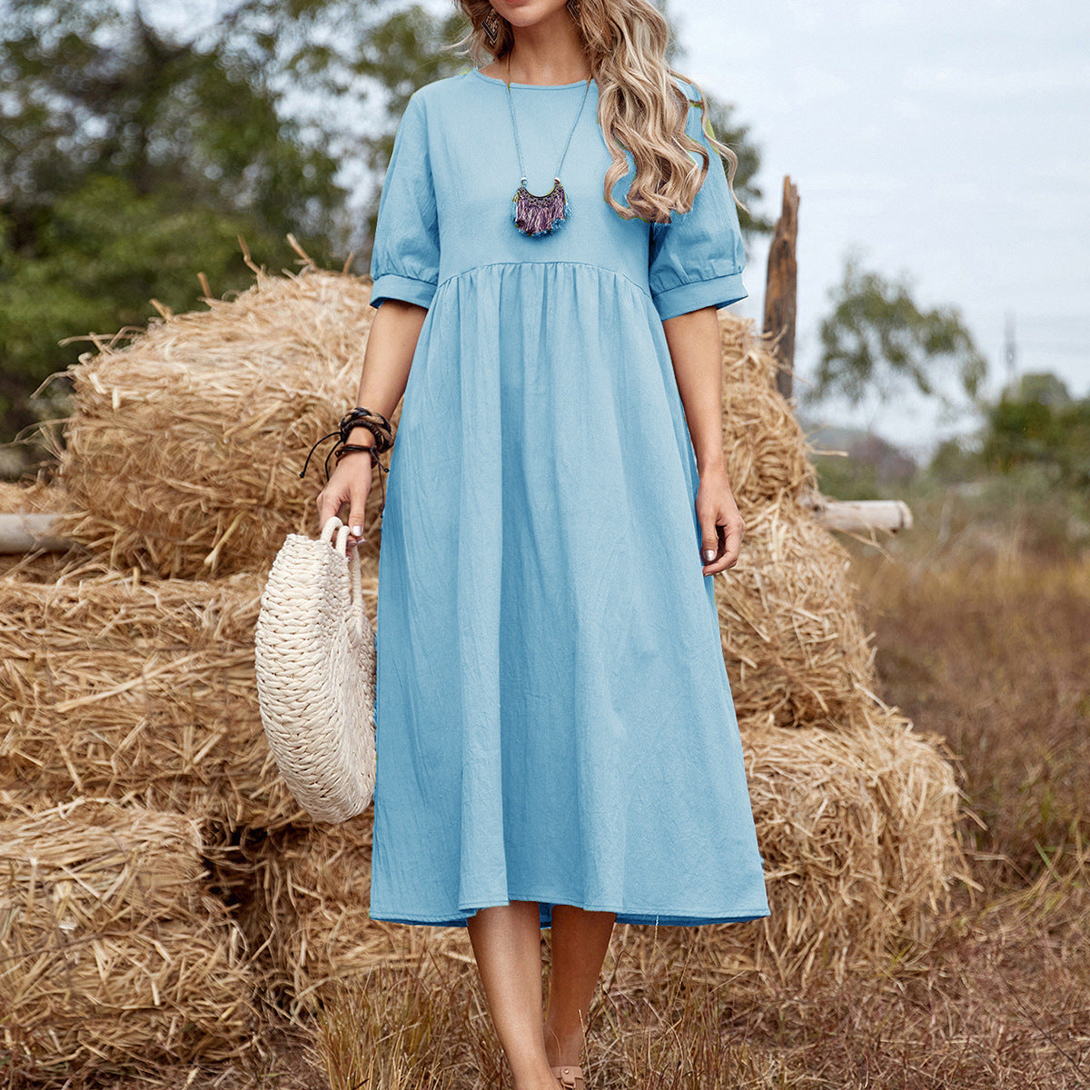 Women’s Midi Dress – Cotton – Relaxed Fit – Flared Silhouette – Elbow Sleeve Casual Wear