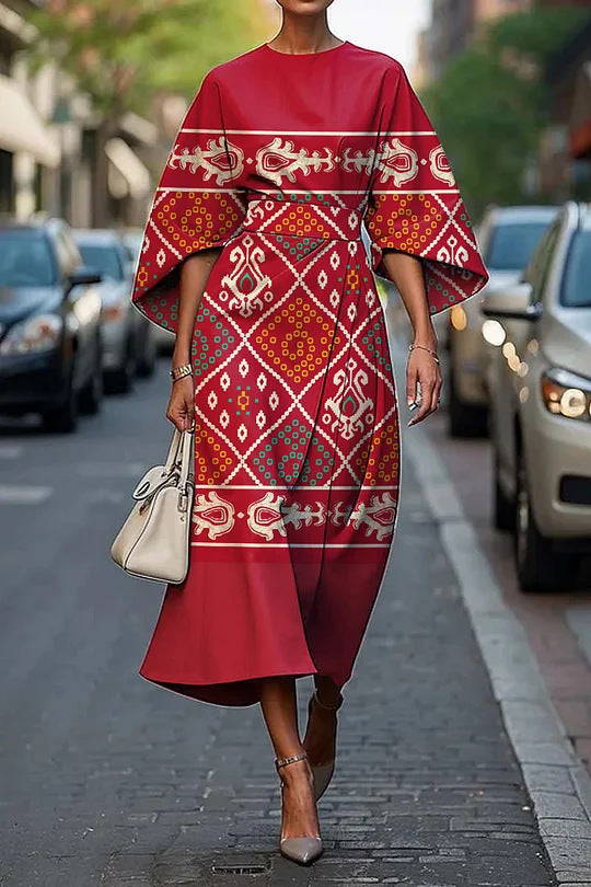Women’s Midi Dress – Structured A-Line Fit – Kimono Sleeves – Floral Print