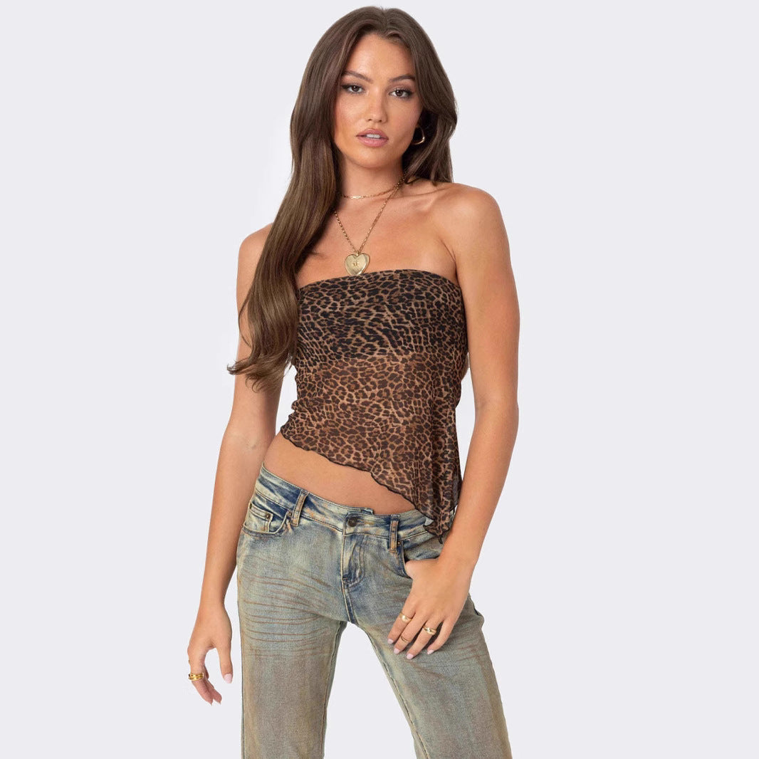 Women’s Tube Top – Slim Fit – Strapless Cropped – Animal Print Asymmetric Hem