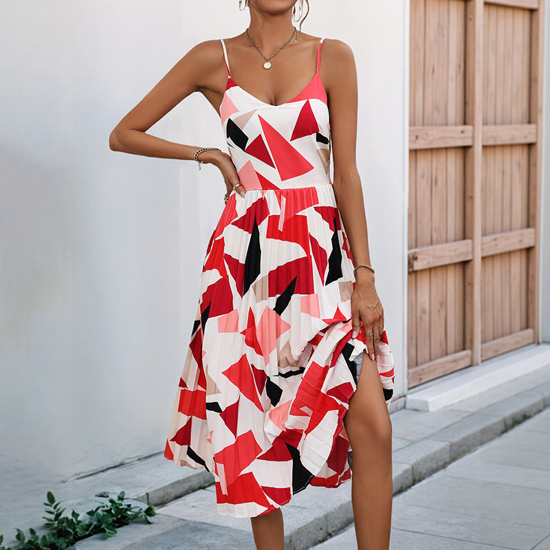 Women’s A-Line Dress – Geometric Print – Lightweight Midi – Spaghetti Straps