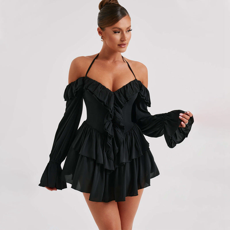 Women’s Romper – Halter Neck – Off-Shoulder Long Sleeves – Deep V Ruffle Front – Flowy Fit