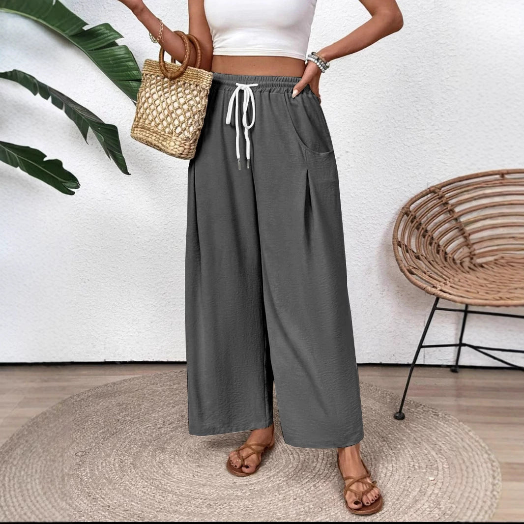 Women’s Wide-Leg Pants – Lightweight Cotton Blend – Drawstring Waist – Full Length
