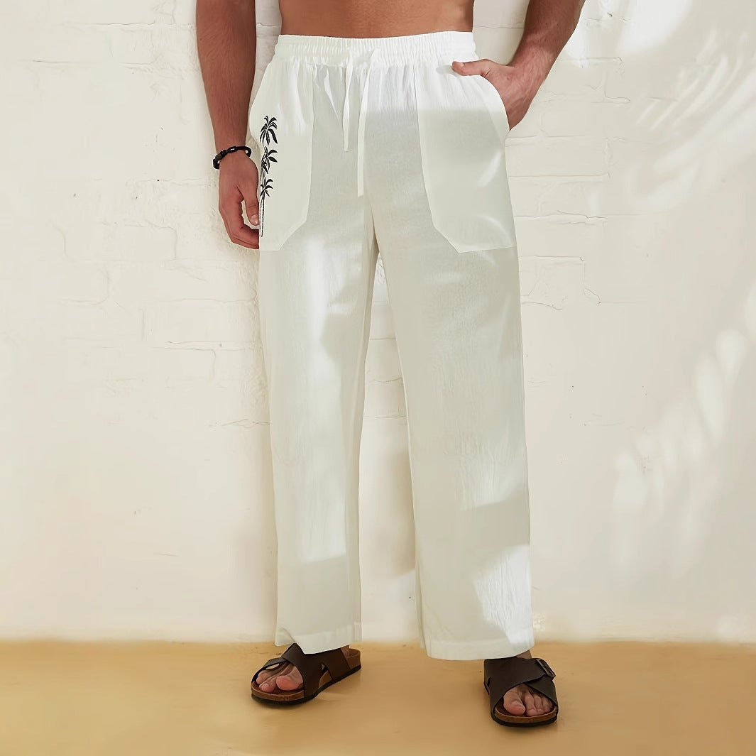 Men’s Wide-Leg Pants – Relaxed Fit – Lightweight Cotton Linen – Drawstring Waist – Palm Print