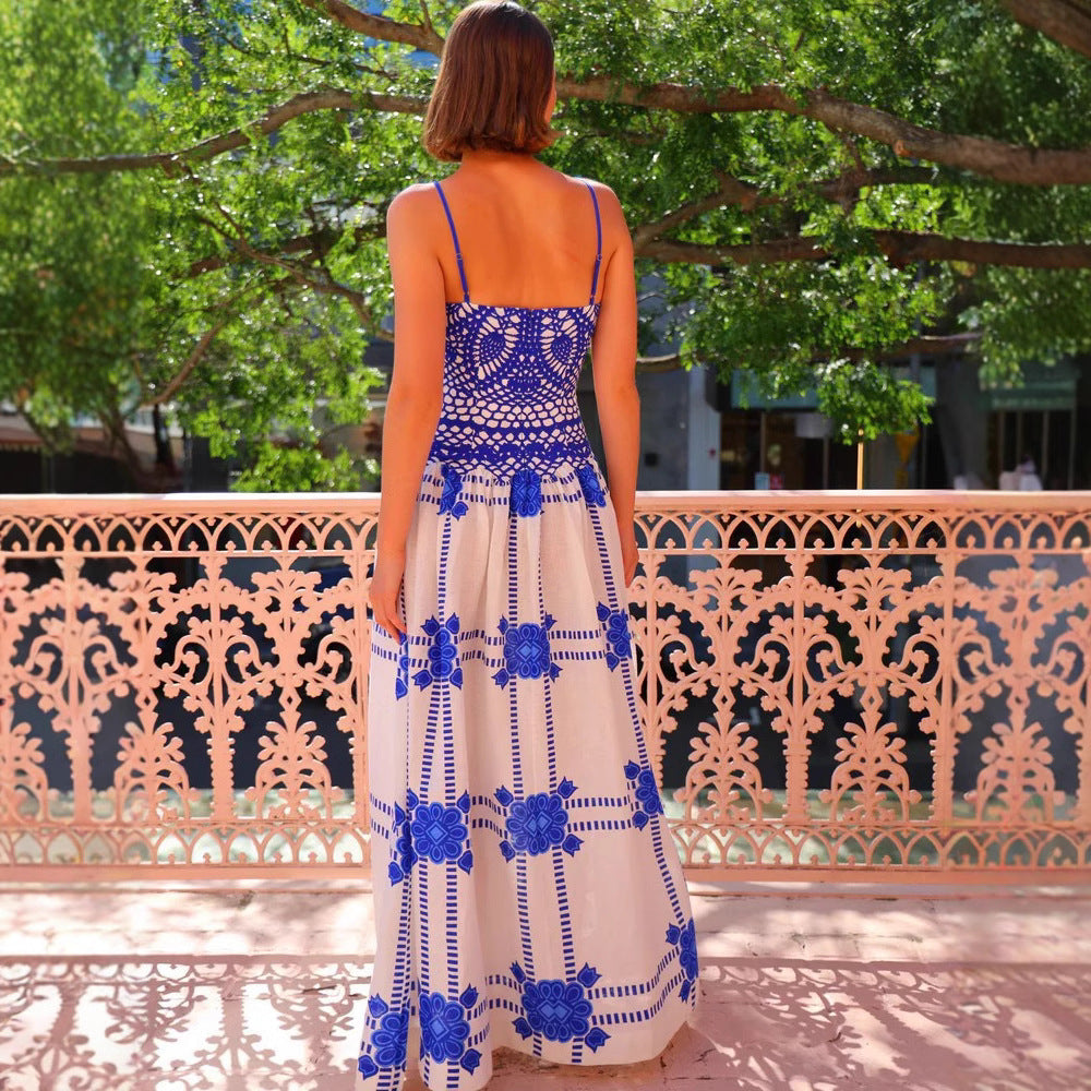 Women’s Long Dress – Crochet Lace Bodice – A-Line Fit – Spaghetti Straps – Flowy Skirt