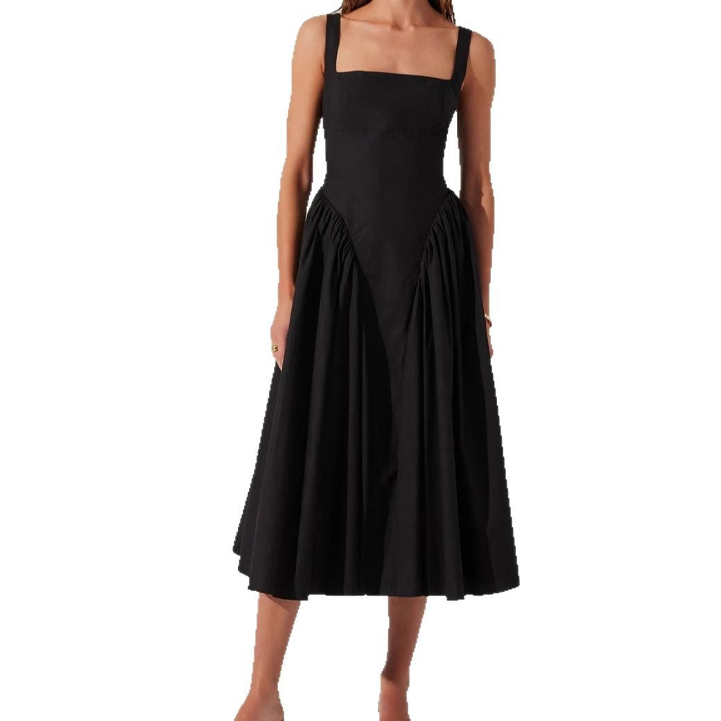 Women’s Midi Dress – A-Line Fit – Square Neck – Open Back with Bow – Pleated Skirt