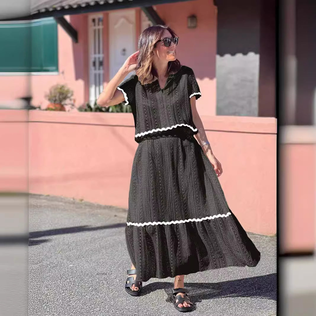 Women’s Skirt Set – Cotton Blend – Relaxed Fit – Lace Trim – Midi A-Line Skirt – Short Sleeve Top
