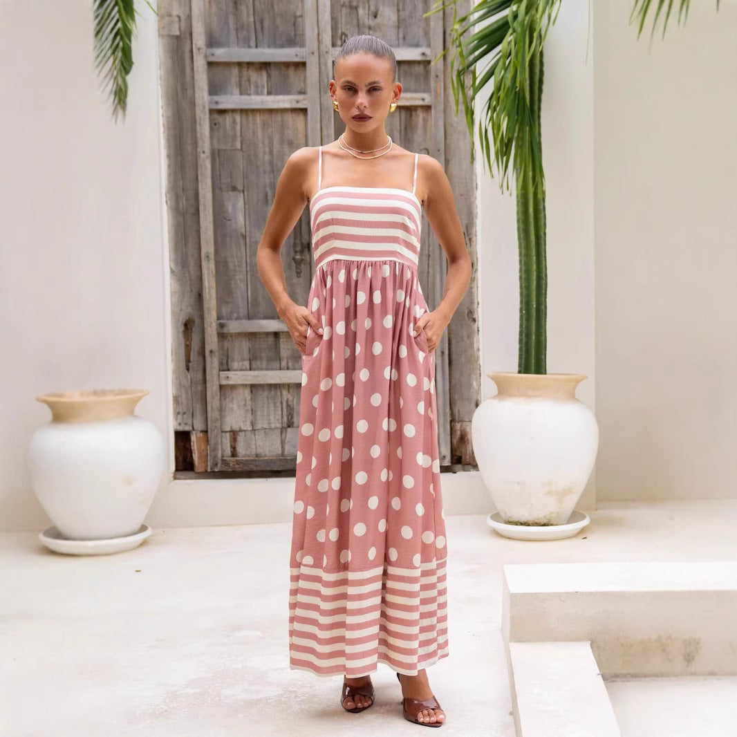 Women’s Maxi Dress – A-Line Fit – Lightweight Cotton – Spaghetti Straps – Pockets – Patterned