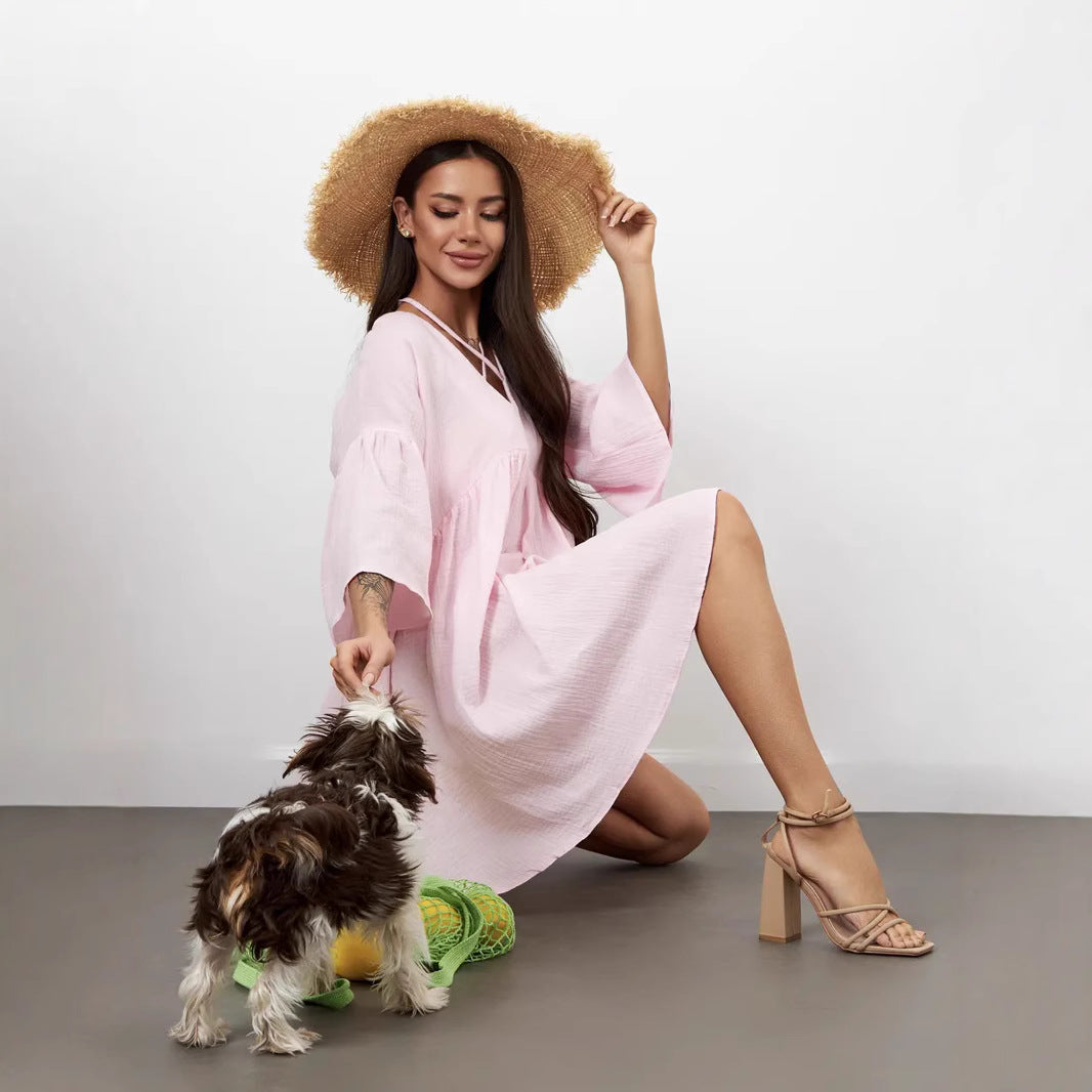 Women’s V-Neck Dress – Lightweight Cotton – Loose Fit – Short Sleeve Tie Front