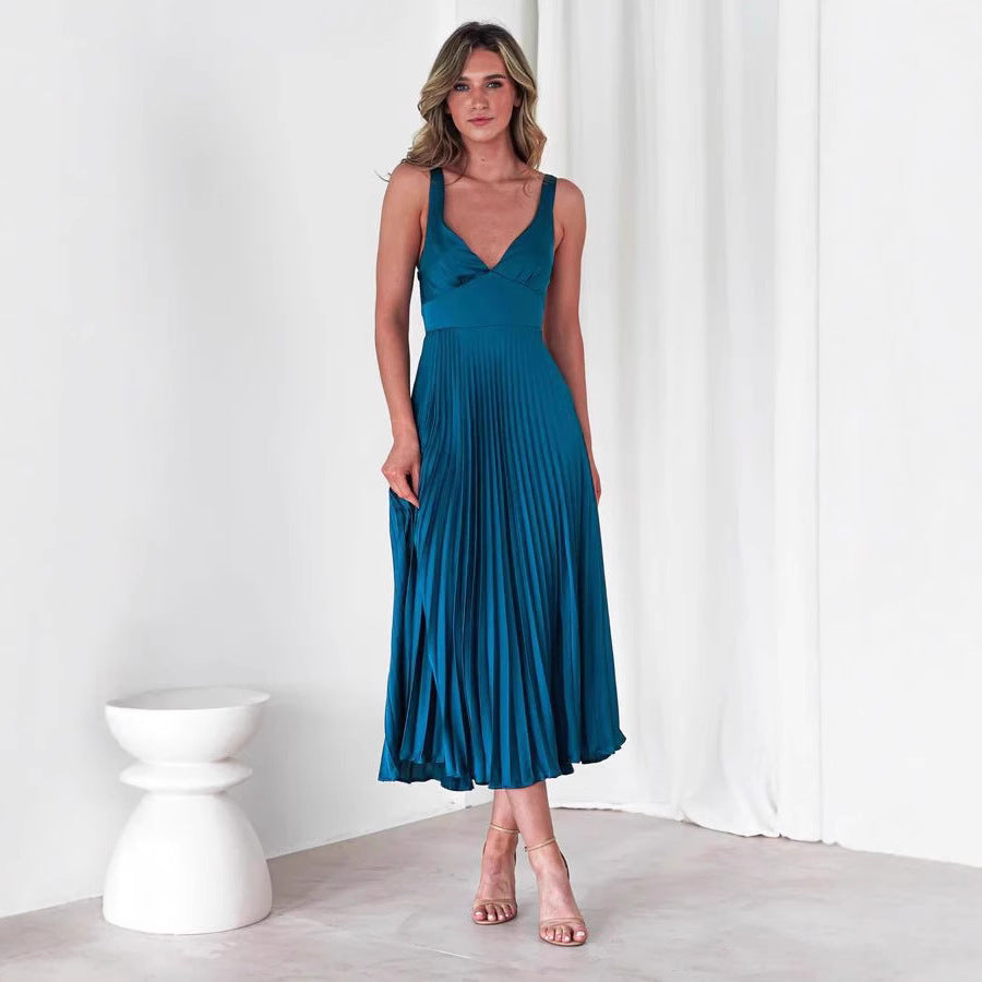 Women’s Midi Dress – Satin Finish – V-Neck – Pleated Skirt – Spaghetti Straps
