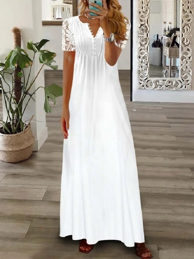 Women’s Long Dress – Flowy Fit – Lace Short Sleeve – Button Front – Elegant Style