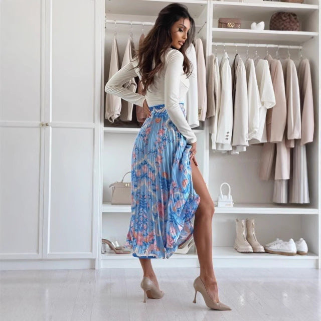 Women’s Midi Skirt – High Waist – Pleated A-Line – Bold Print – Side Slit – Breathable Fabric