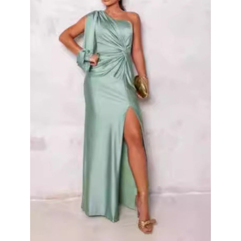 Women’s Maxi Dress – Satin – One Shoulder – Slim Fit – Ruched Waist – High Slit – Long Sleeve