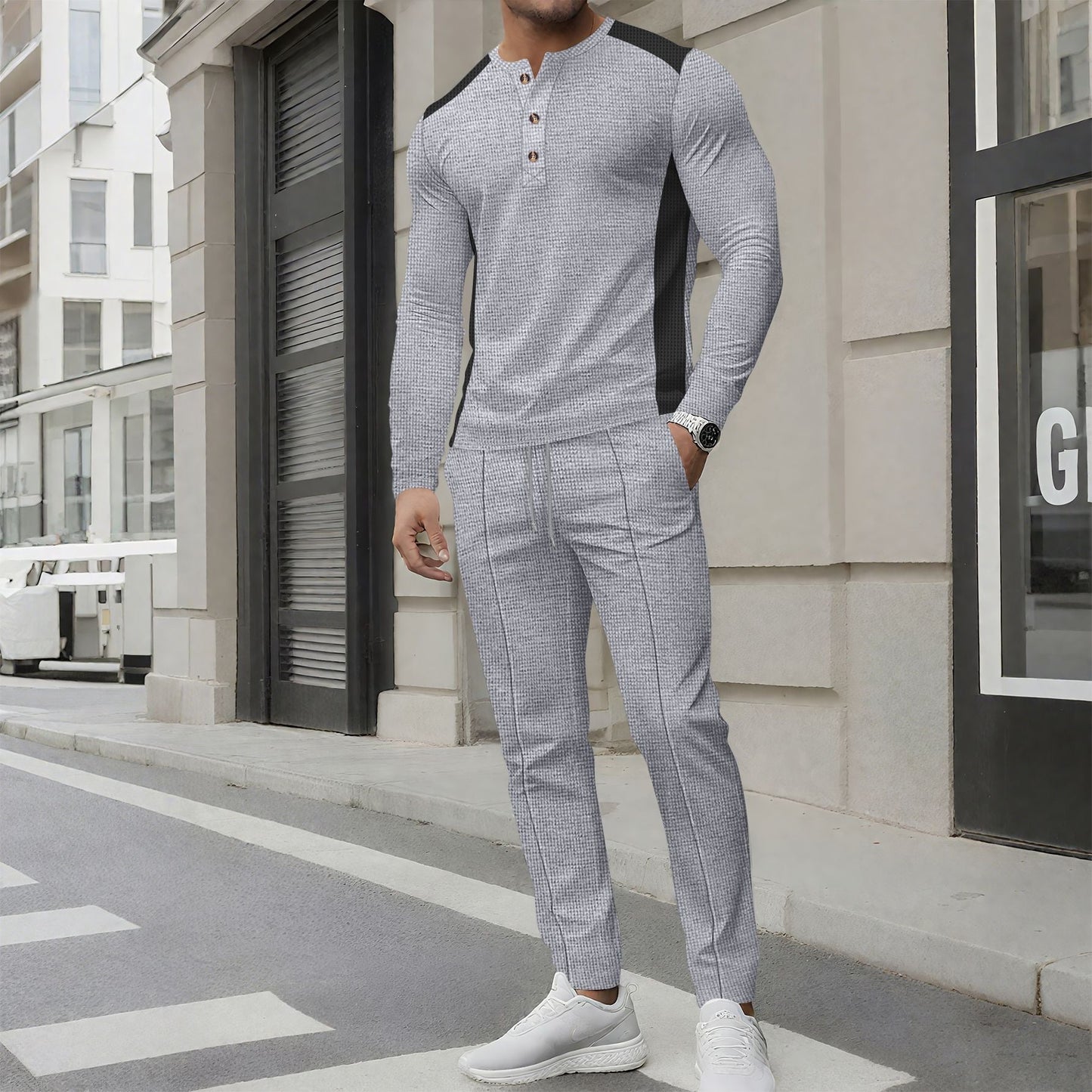 Men’s Tracksuit Set – Slim Fit – Long Sleeve Henley – Tapered Jogger Pants – Cotton Blend