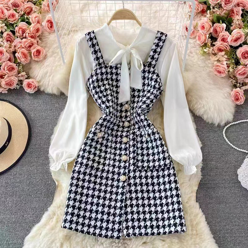 Women’s Pinafore Dress Set – Tweed Midi Fit – Bow Neck Blouse – Button Front Style