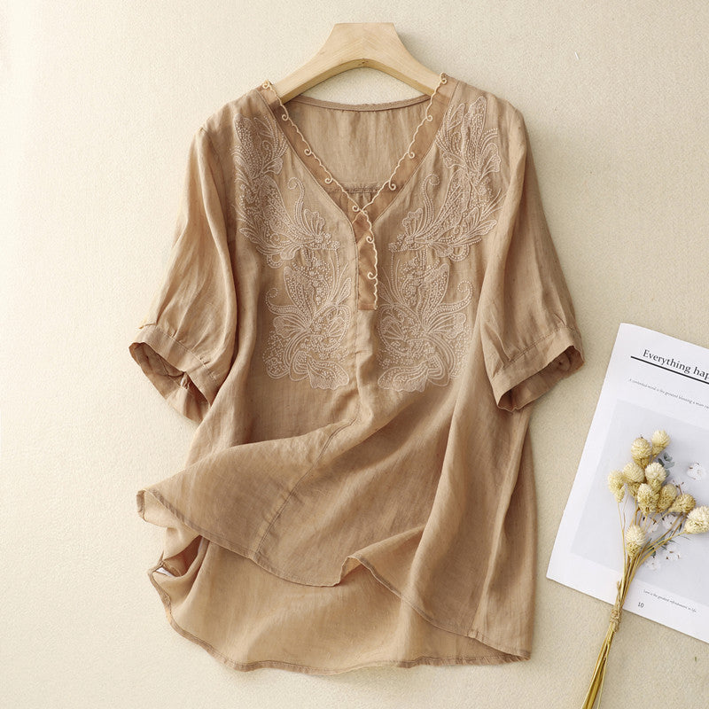 Women’s Short Sleeve Shirt – Loose Fit – V-Neck Embroidered – Breathable Blend