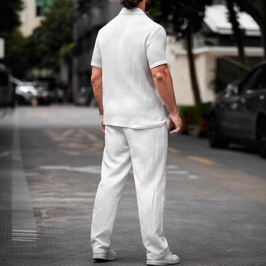Men’s Shirt and Pants Set – Lightweight Cotton – Relaxed Fit – Short Sleeve Casual