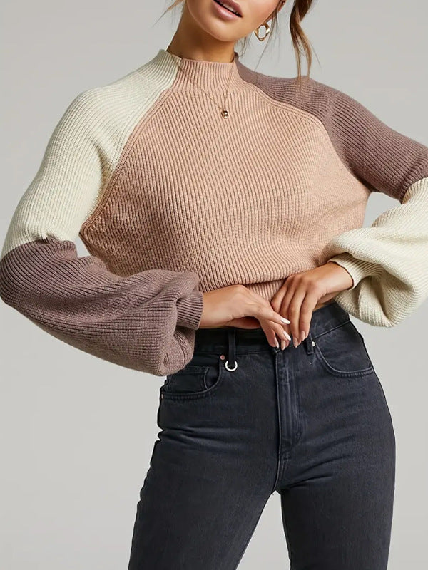 Women’s Pullover Sweater – Oversized Fit – Soft Knit Ribbed – Mock Neck – Cropped Length