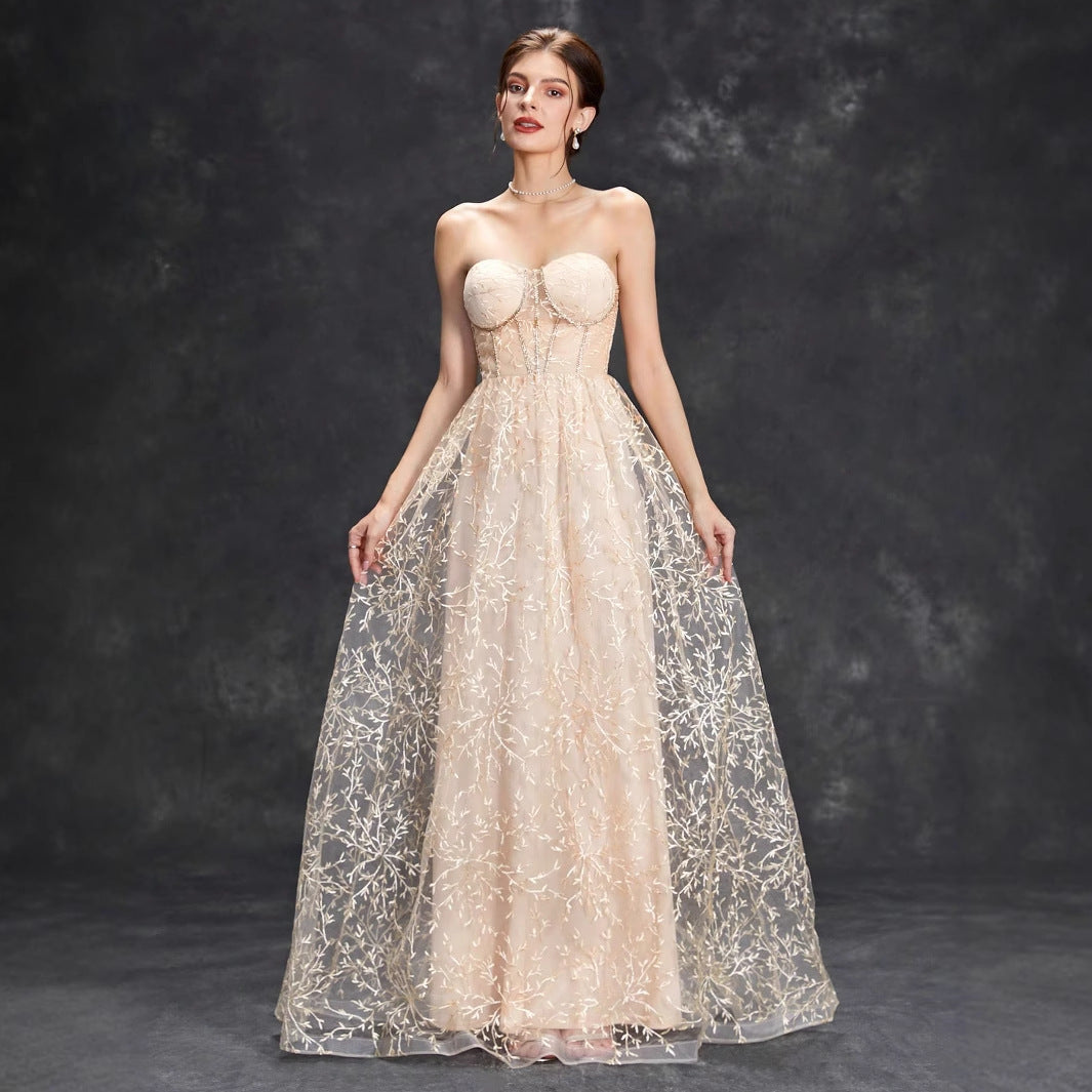 Women’s Evening Gown – Strapless A-Line – Embroidered Tulle – Structured Bodice – Floor Length