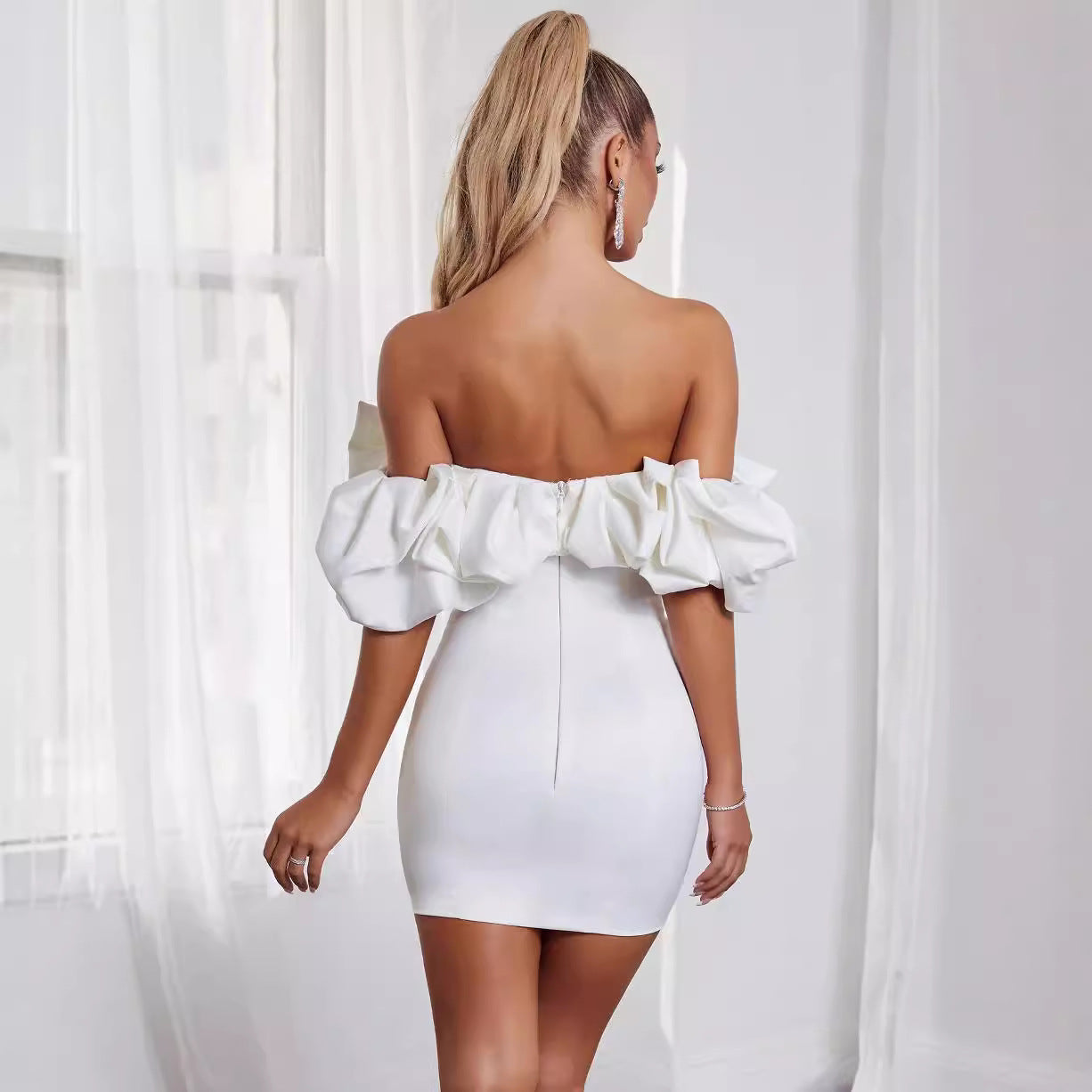 Women’s Mini Dress – Off-Shoulder Ruffled Neckline – Slim Fit Bodycon Party Wear