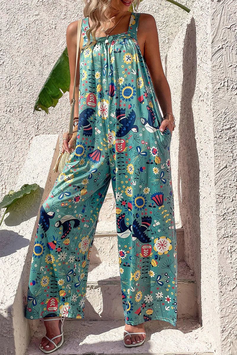 Women’s Jumpsuit – Lightweight Fabric – Wide Leg – Sleeveless – Abstract Print Casual Wear
