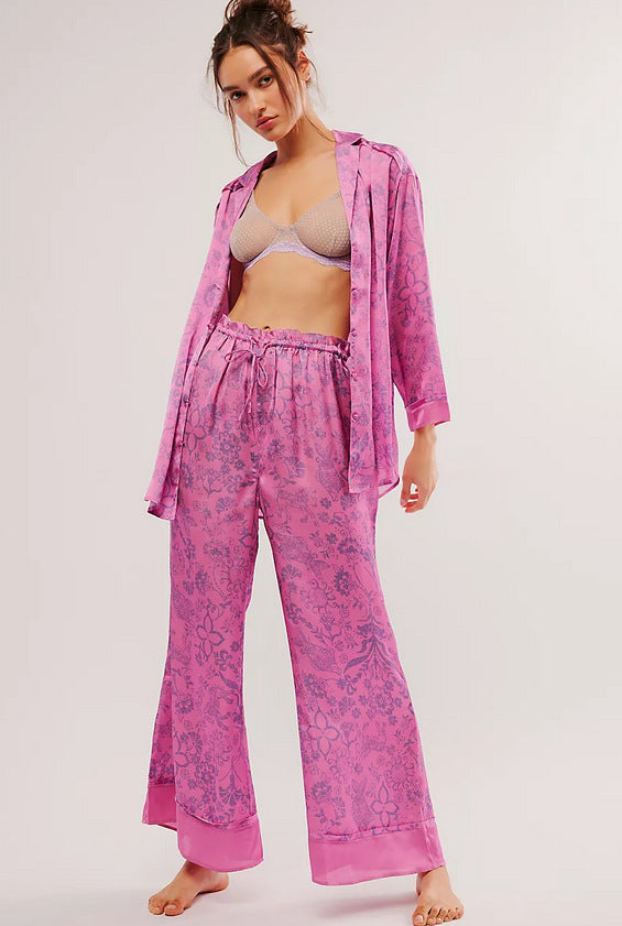 Women’s Pajama Set – Relaxed Fit – Button-Up Top – Wide-Leg Printed Pants