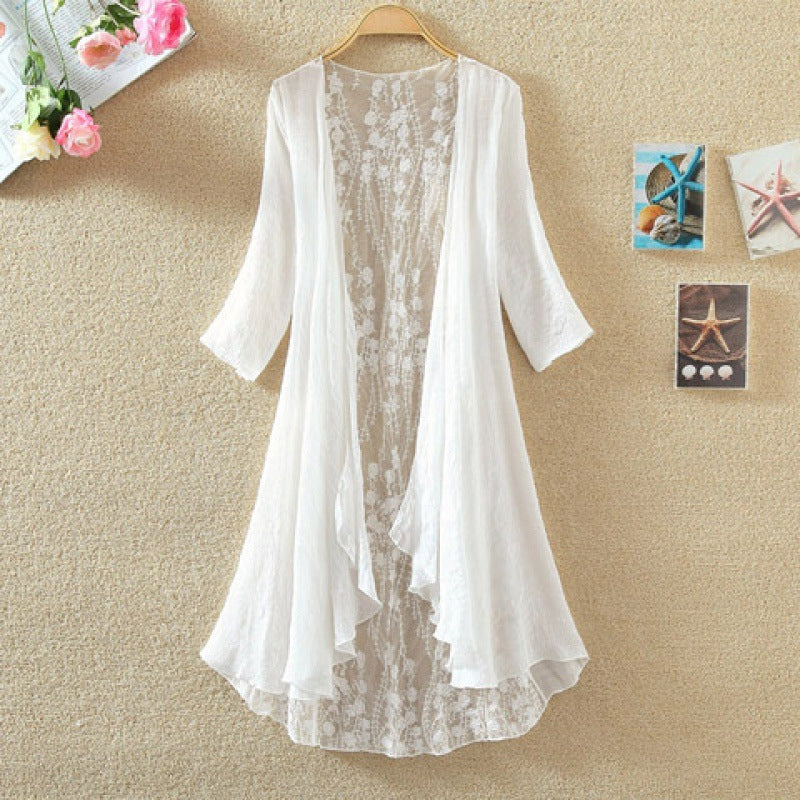 Women’s Mid-Length Cardigan – Loose Fit – Open Front – Lace Back – Breathable Blend